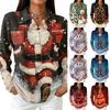 Women's Casual Christmas Print Button Down Long Sleeve Collared Blouse Top with Side Slits