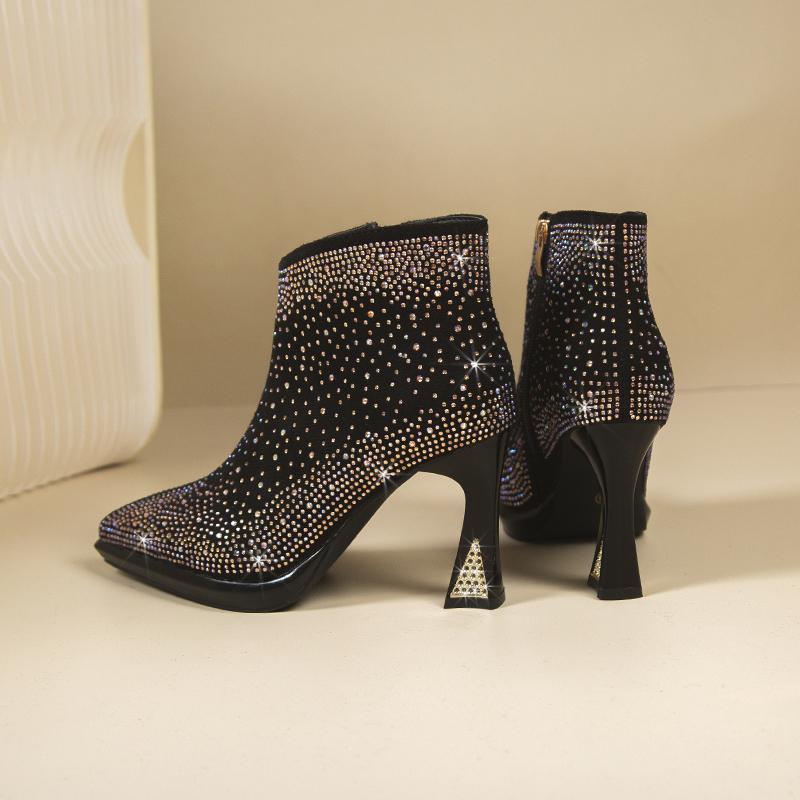 2024 Fashionable and Comfortable Women's Boots Spring and Autumn Rhinestone Decorated Pointed Toe Short Fashion Women's Boots
