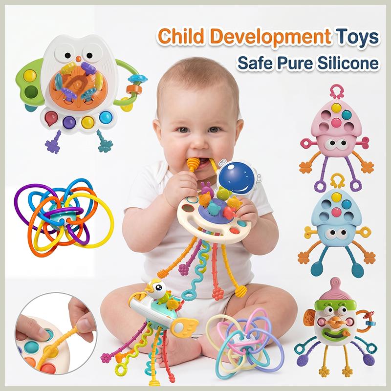 Jouet sensoriel à tirer sur cordon Montessori Bébé Silicone Dentition Éducatif Précoce Jeu d'activité de préhension Développement 6-12 Mois 1-3 Ans