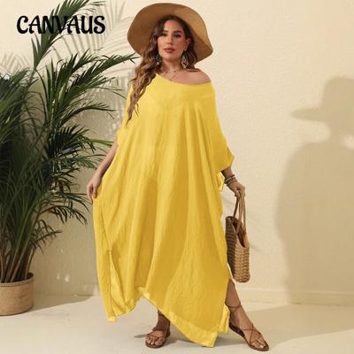 Vestido Largo Holgado Tipo Smock de Color Sólido para Mujer Talla Grande para Playa y Vacaciones con Abertura y Bajo Barrido