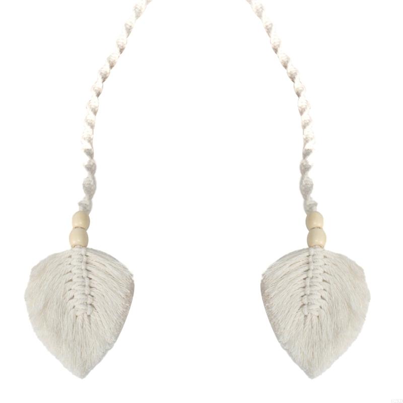 62KD 2Pcs Window Curtain Handknitted Tiebacks Bohemian Leaf Tassels Curtain Holdbacks with Wooden Beads for Drapes Tiebacks