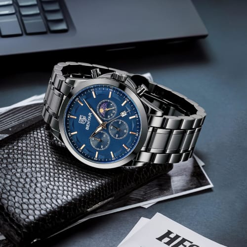 Watches Men's BENYAR Multi Calendar, Chronograph, Business Formal Men's Leather Strap, Analog Watch, Waterproof and Scratch Resistant Silver Blue