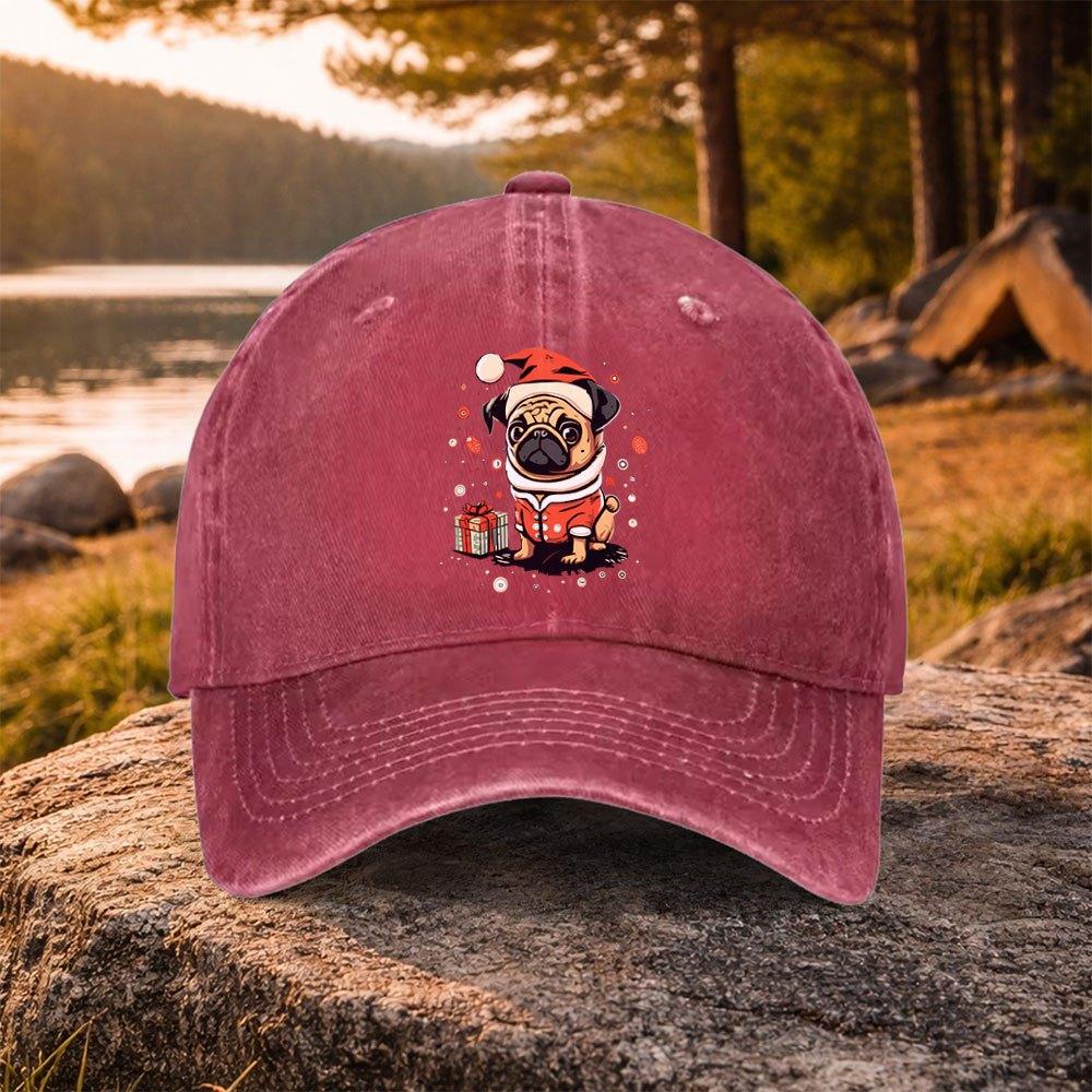 Pug Print Washed Baseball Cap for Unisex Women Casual Christmas Golf Hat Outdoor Daily Commute Unisex Cap