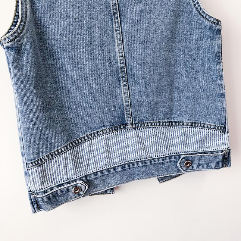 Trendy Striped Denim Vest Women Short Jacket Slim Fit Casual Spring Fall Fashion