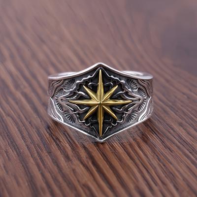 Bague ouverte réglable Étoile Octagramme Huit Branches Rétro Pour Hommes Punk Gothique Audacieux Cuivre Tendance Accessoires Unisexe Cadeau Cool