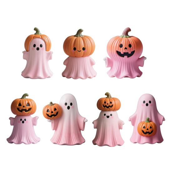 Halloween Statue Pumpkin Ghost Shape Figurine Pink Resin Statue Handheld Halloween Tabletop Decoration
