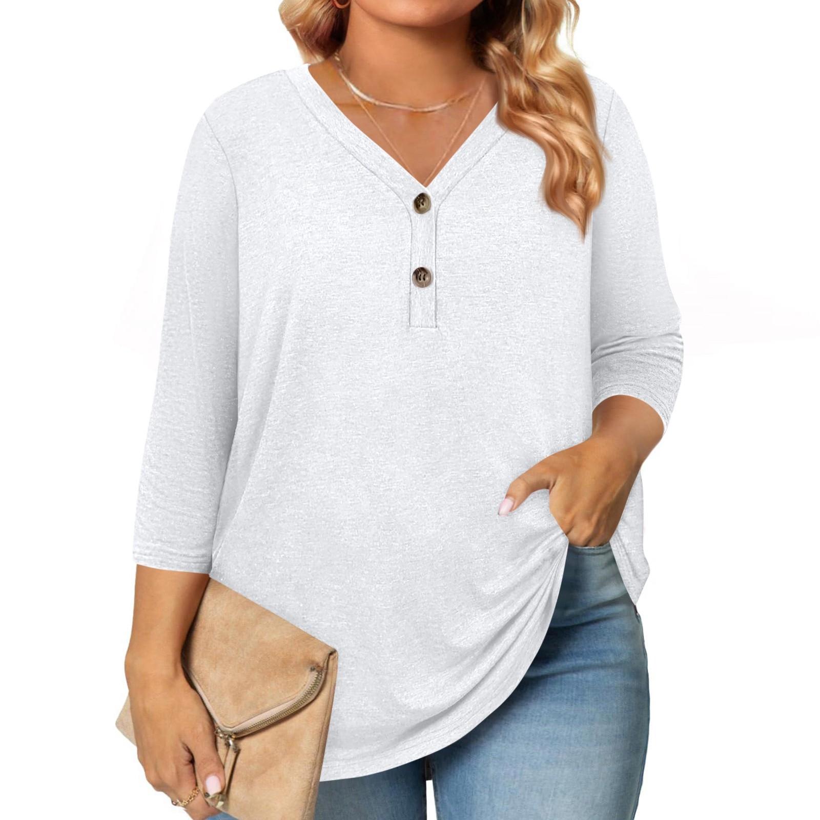 

Womens 3/4 Length Sleeve Tops Plus Size Button Down V Neck Shirts Blouses Casual Solid Color Loose XXXXXL білий