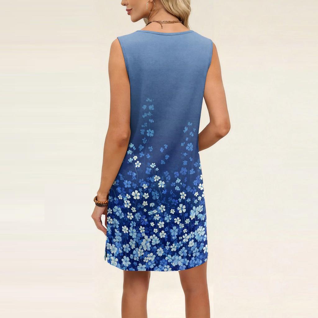 Sleeveless Floral Print Casual Dress for Women Loose Fit Round Neck Summer Lightweight Sundress with Pockets