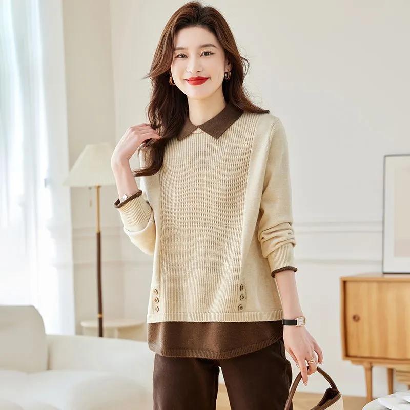 Lapel Fake Two-piece Knitted Bottoming Shirt Women's Autumn and Winter Loose and Thick To Keep Warm