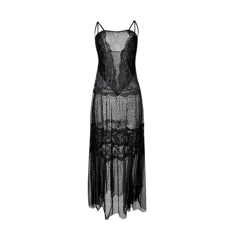 Gepunktetes Netz-Spitzen-Camisole-Nachthemd Lang Durchsichtig Atmungsaktiv Hautfreundlich Formgebend Loungewear 408 Schmeichelhaft Bequem Nachtwäsche mit Klassischen Drucken