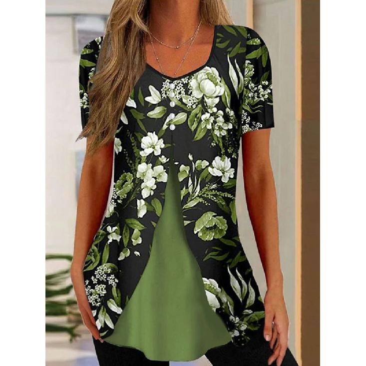 Elegant Fake Two-Piece Top Women'S Round Neck Short Sleeved Button Blouse Summer Office Lady Work Casual Top