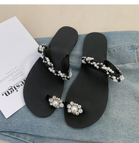 Rhinestone Slippers Women Summer Fashion One-word Drag Square Head Flat Bottom Vacation Travel Beach pearls Sandals and Slippers