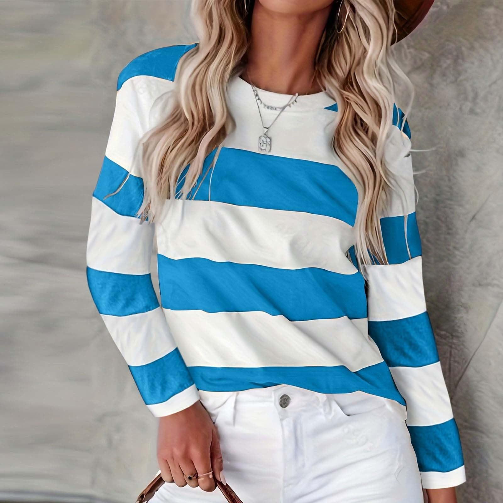 Damenmode Lässiges T-Shirt mit Streifenmuster und Rundhalsausschnitt und langen Ärmeln S dunkelblaue