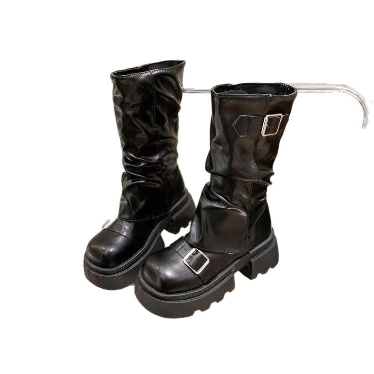 Vintage Maillard medium boots children's autumn new thick-soled heightening brown trousers short boots