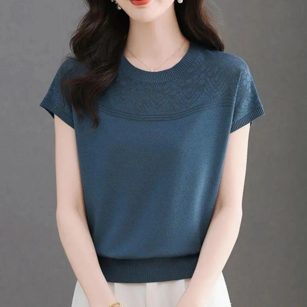 Women Crew Neck Hollow Wave Knit Short Sleeve Knit Top Summer Slim Fit Casual Pullover Blouse S