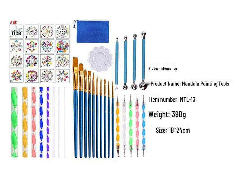 44-Piece Mandala Tool Set: Acrylic Rods, Indentation Steel Ball Pens, and Paint Brushes Kit