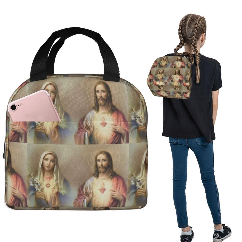Sacred Heart Jesus Immaculate Mary Religious Poster Insulated Lunch Bag for Women Kids Food Boxes Thermal Lunch Box Tote