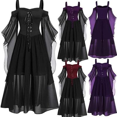 Women Vintage Gothic Off Shoulder Lace Up Medieval Dress Halloween Cosplay Costumes Carnival Party Suspender Straps