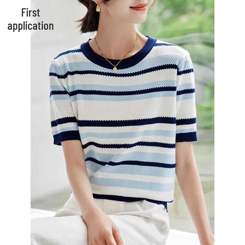 Women s Striped Knitted Ice Silk Short Sleeve T-shirt M