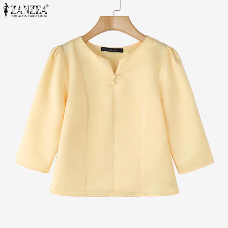 ZANZEA Women Casual Round Neck Solid Color Summer 3/4 Sleeve Blouse
