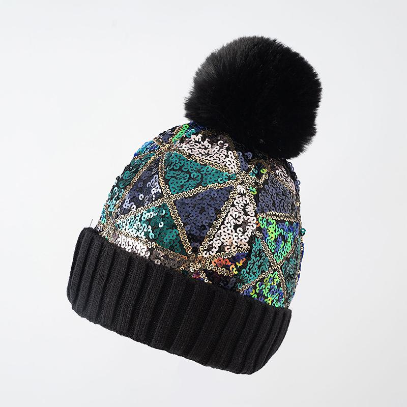 

New Winter Mujer Ladies Christmas Hats Women Chic Glitter Sequin Pompom Hat Knitted Handmade Adult Cover Head Cap One Size