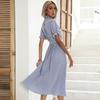 Women's Casual Crew Neck Polka Dot Printed Pleated Dress Short Long Sleeve Tie Spring Summer Mediumn
