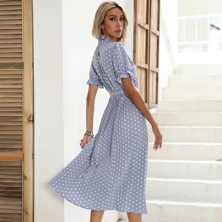 Women's Casual Crew Neck Polka Dot Printed Pleated Dress Short Long Sleeve Tie Spring Summer Mediumn