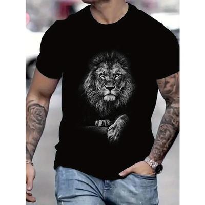 Herren-T-Shirt in europäischen Größen, schwarz-weißer Löwenprint, lässig, vielseitig, bequem und atmungsaktiv, schwarzes Kurzarm-T-Shirt für Herren