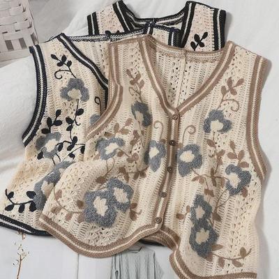 Korean Style Women's Retro Embroidered Knitted Vest - Sleeveless Spring/Summer Waistcoat