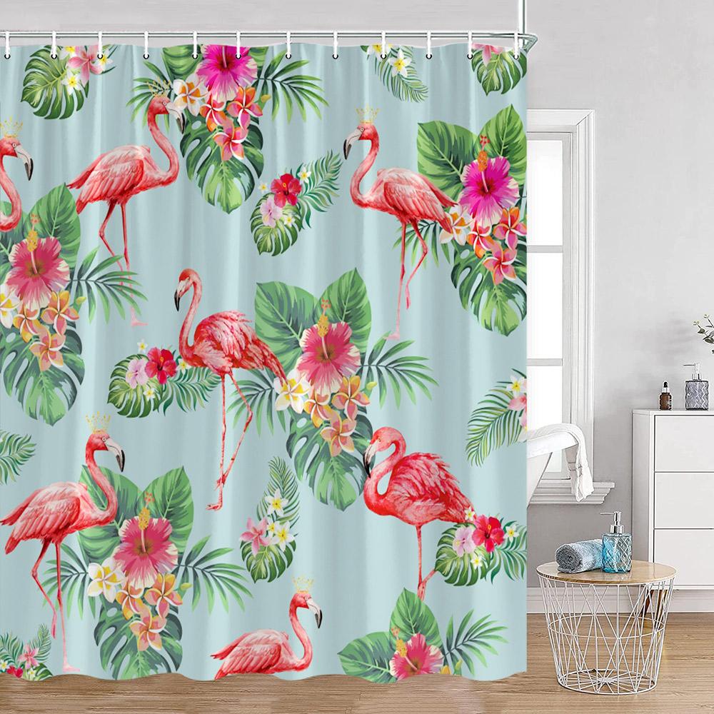 Flamingo Pink Birds Shower Curtains Tropical Palm Leaves Plants Jungle Nordic Bath Curtain Summer Vacation Fabric Bathroom Decor