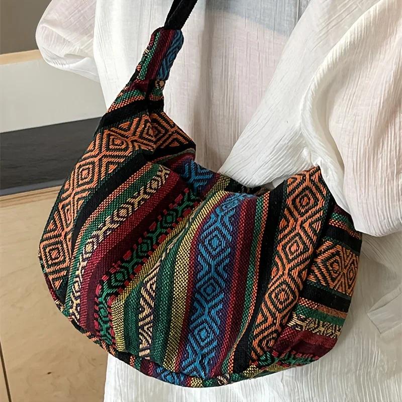 Borsa a tracolla stile tribale, Pieghevole a tracolla con chiusura a zip, Fantasia a righe, Tema bandiera Fodera bordata dipinta Lavabile a mano