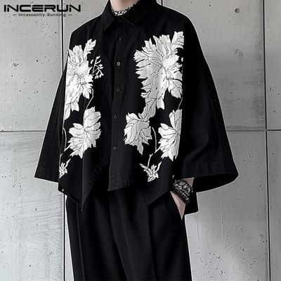 Ανδρικό πέτο με λαιμόκοψη με μακρυμάνικο μπλουζάκι με λουλούδια με στάμπα casual κουμπιά ακανόνιστα πουκάμισα