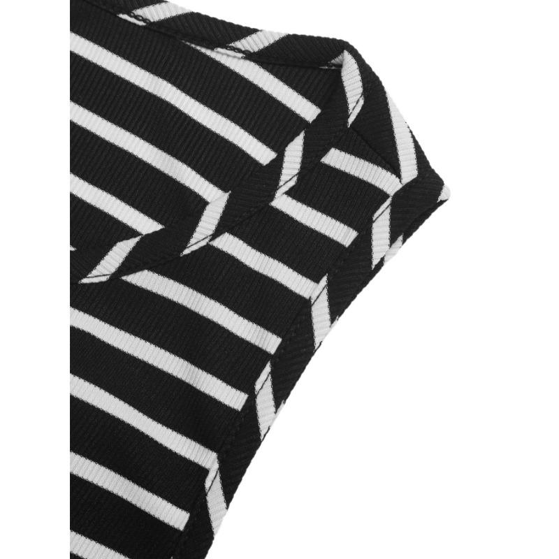 Women Summer Sleeveless Backless Black White Striped Slit High Waist Bodycon Long Dress