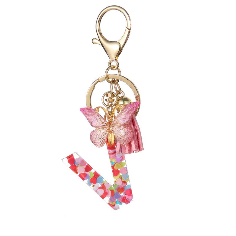 A-Z Dreamy Letters Keychain for Women Tassels Butterfly Pendant Initial Keyrings Purse Suspension Bags Car Key Chain Pink
