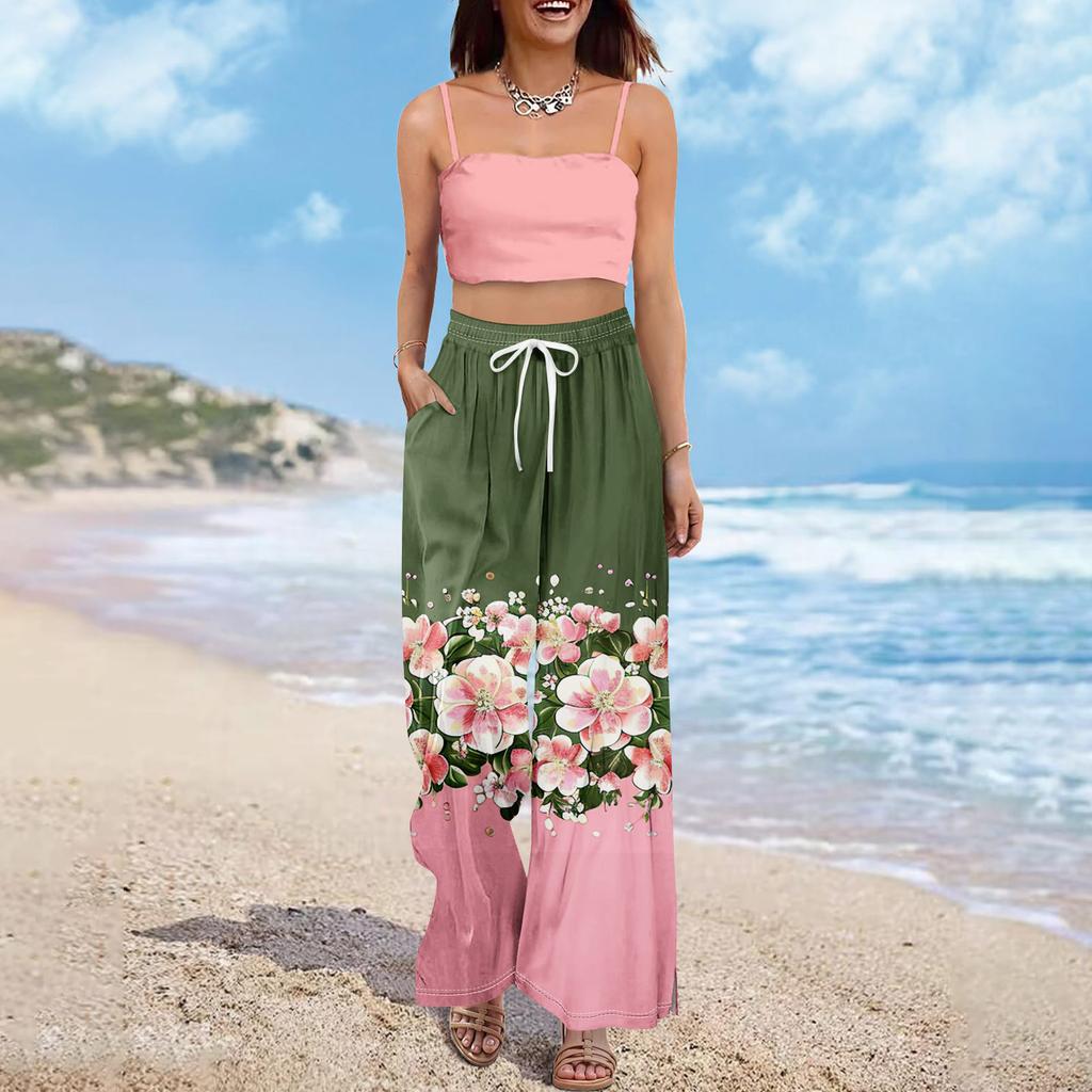 Dames zomer boho palazzo broek met hoge taille, wijde pijpen en bloemenprint, casual broek met zakken