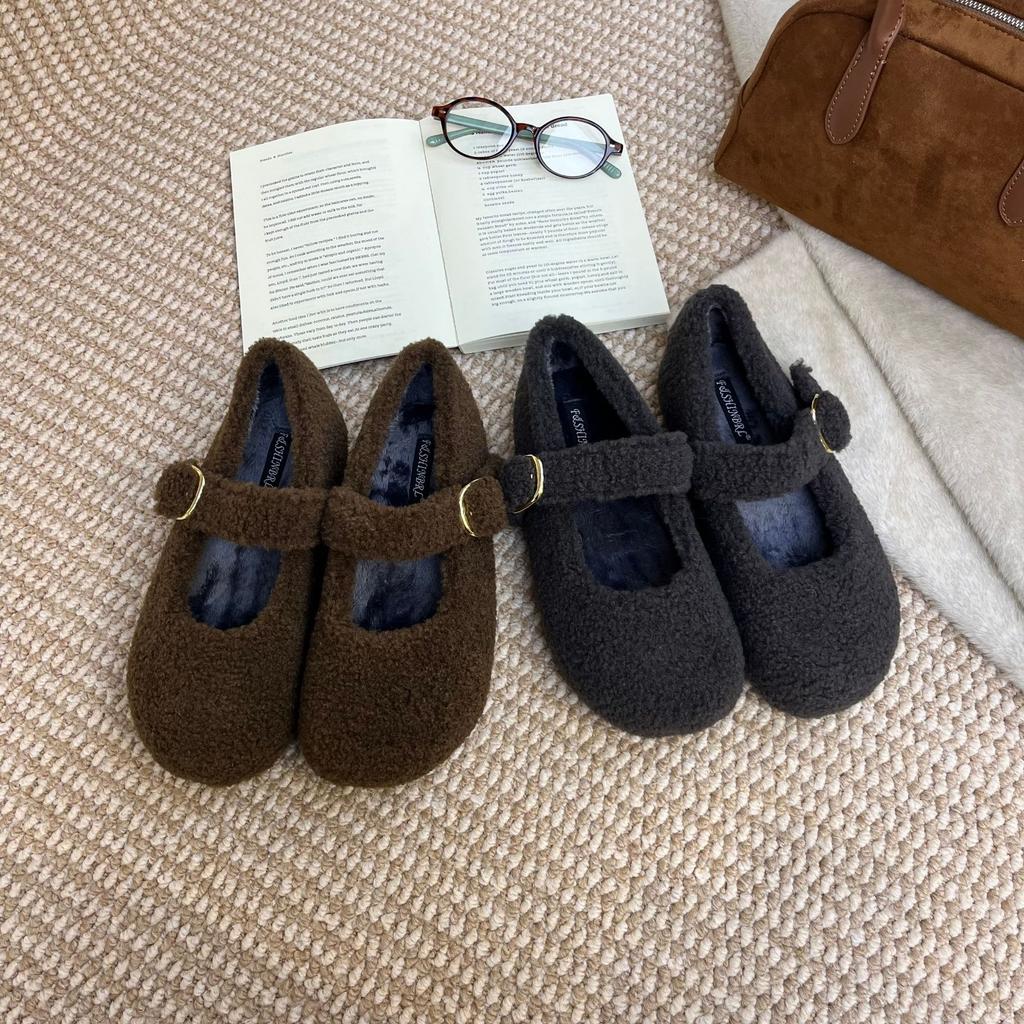 2025 winter new round head with velvet warm beans versatile Mary Jane platform commuter women's shoes