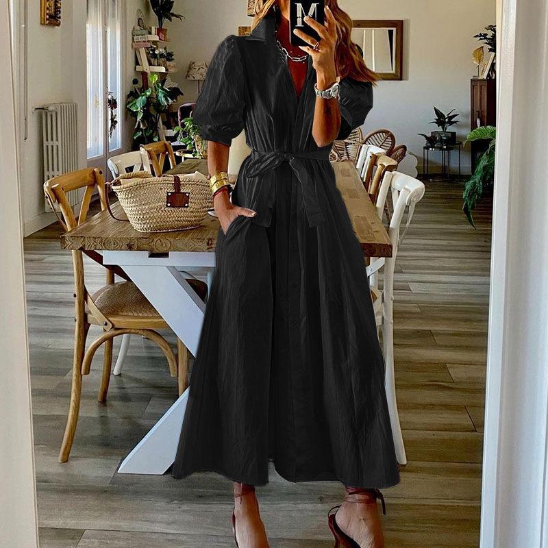 

FD spot women s clothing summer new fashion temperament solid color medium and long shirt dress women XL чорний