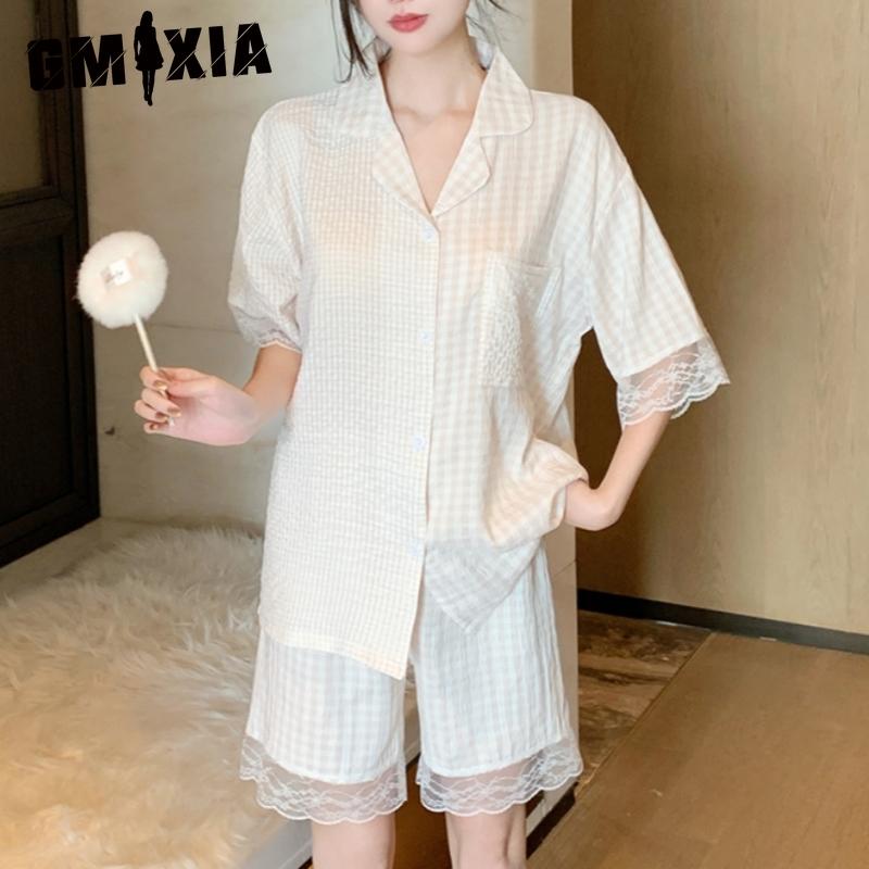 

GMXIA Women s Summer Fashion Lace-trimmed Checkered Set, Short Sleeves, Shorts, Pajamas, Fairy Home Wear XXL