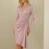 Spring New, European and American Women's Clothing, Fashionable and Elegant Solid Color V-neck Pleated Slim Dress