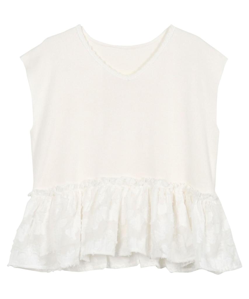 Kobe Lettuce Summer Knit Blouse with and Short Size M Women's V-Neck, Ruffles, Sleeves, Off-White [C7536],