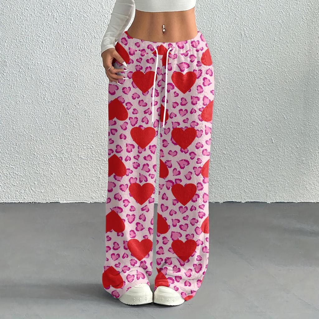 Women's Casual Fashion Printed Elastic Waist Loose Straight Leg Pants With Rope