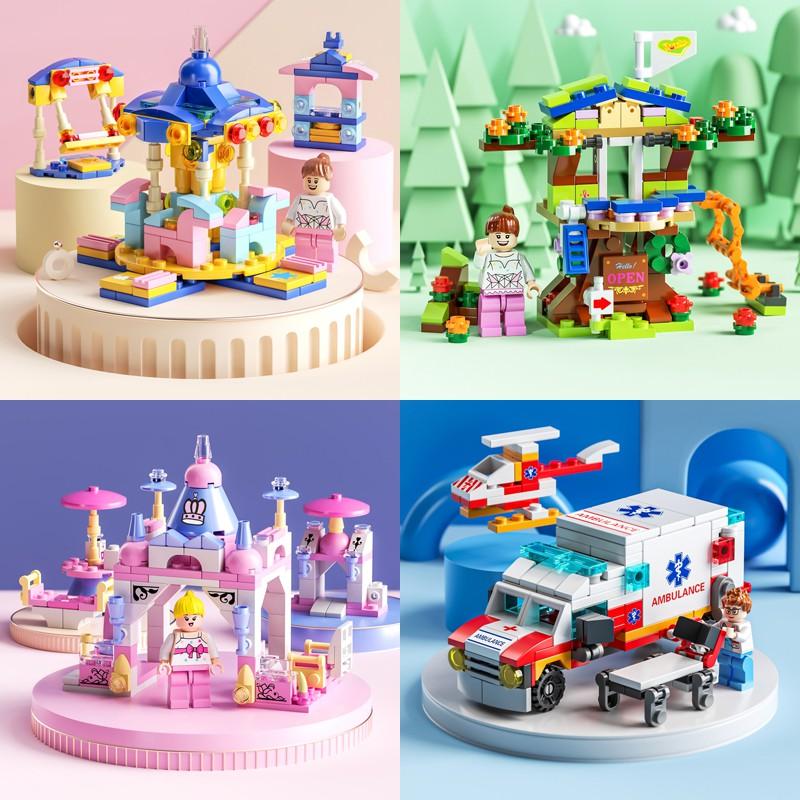 READY STOCK Mini 6 In 1 Building Blocks DIY Educational Play for Children Police Airplane&fire Truck&castle Model Building Blocks