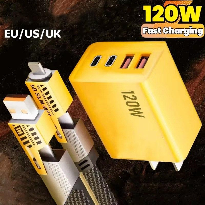 120W 4-Ports Ultra Fast Charging Type-C GaN Phone Charger USB-C QC 3.0 Super Charging Adapter For Huawei IPhone Samsung