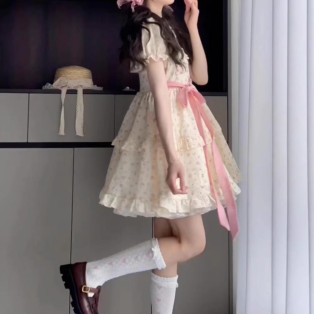 Sweet floral doll collar dress women's summer bubble sleeves small princess cake dress waist fluffy dress
