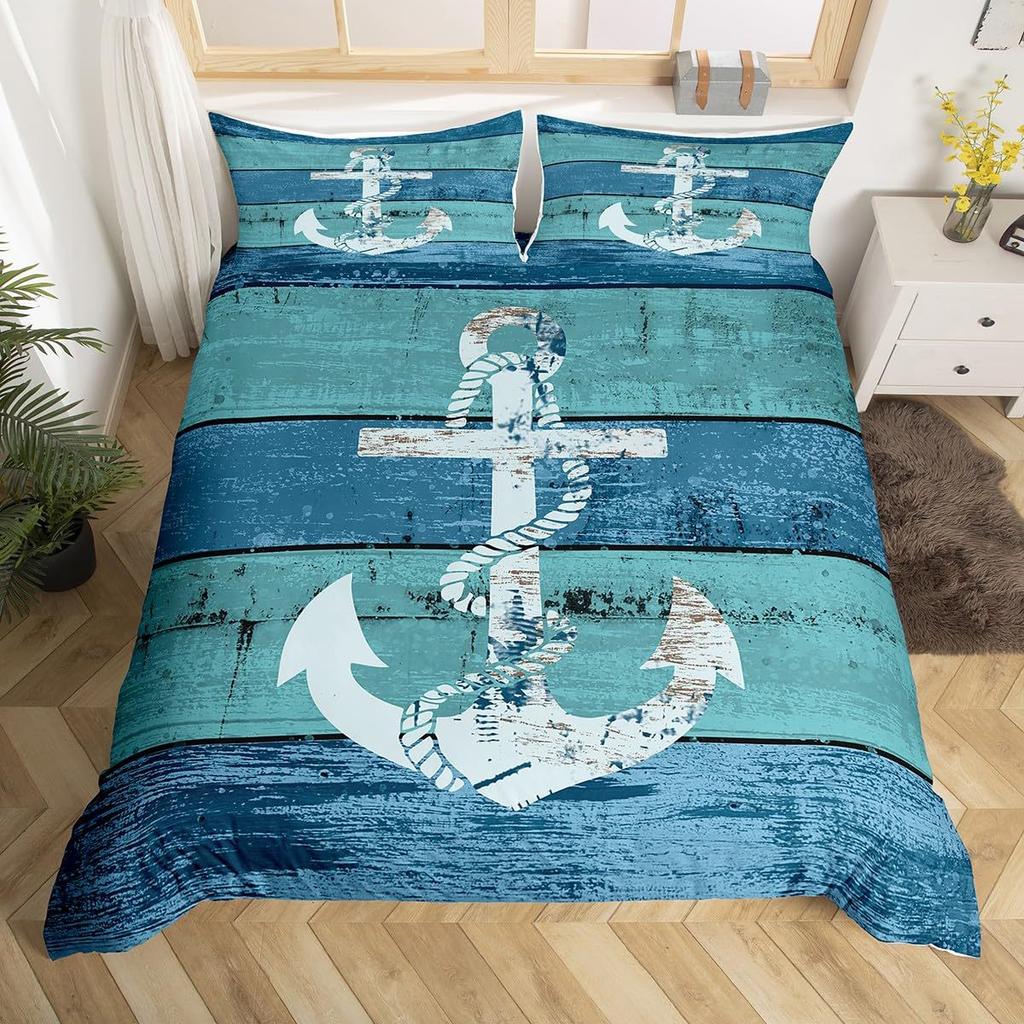 Nautical Anchor Striped Pattern Bedding Cover With Pillowcase Quilt Cover Three-Piece Duvet Cover Set