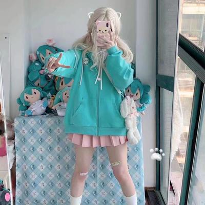 Harajuku Kawaii Y2k Style Hoodies Women Japanese Style Sweet Cat Ear Zip Up Oversized Sweatshirts Hooded Jacket
