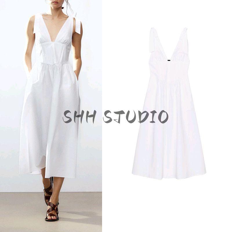 Spring and Summer New Women's Clothing Pleated Decorative Deep V Neck Bowknot Decoration Poplin Midi Skirt Dress 0881334