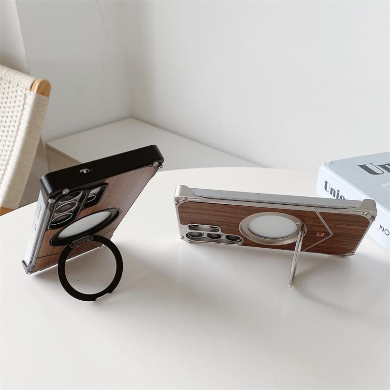 For Sagsafe Magnetic Solid Wood Metal Snap On Case For Samsung Galaxy S23 S24 S25 Ultra With Stand Adjustable Frameless Cover