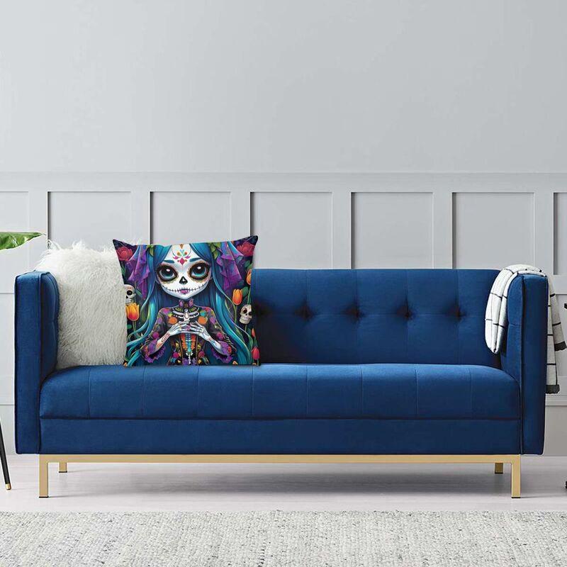 Day Of The Dead Cat Woman Skull Square Pillow Cover Decoration Cushions Throw Pillow For Living Room Double-Sided Printing