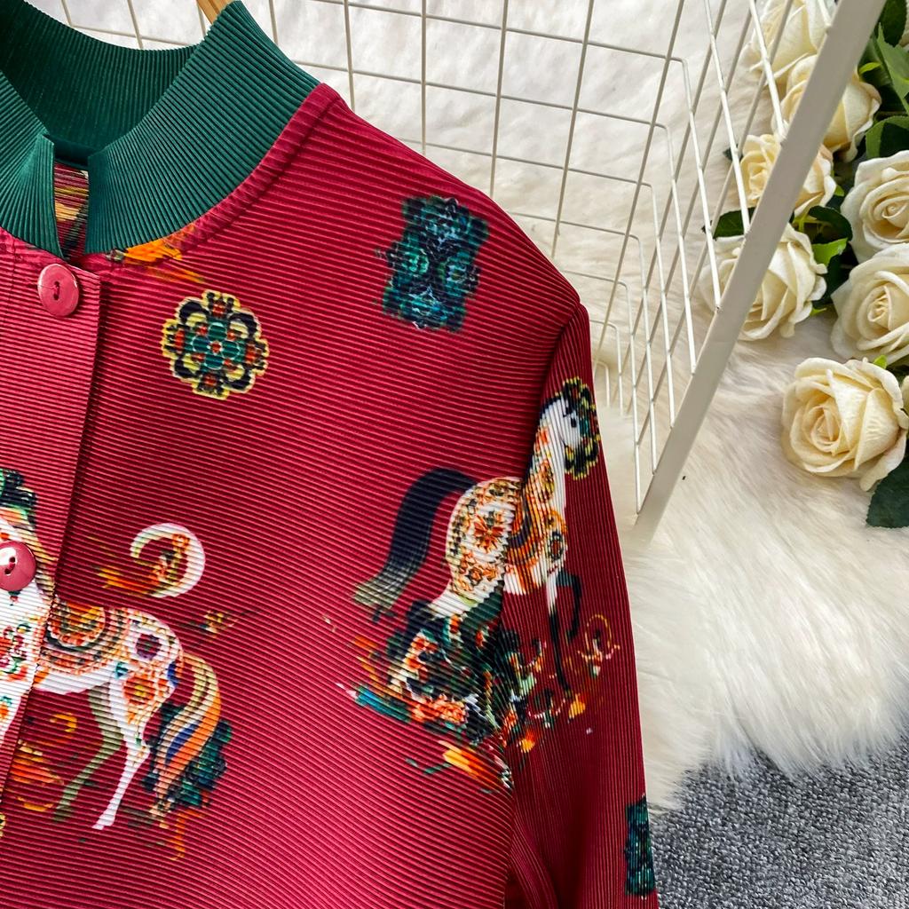 Skládané šaty s květinovým potiskem Letní Podzimní Jednorázové Zapínání Oversize Pásek Elegantní Streetwear Svetr Dámské Oblečení